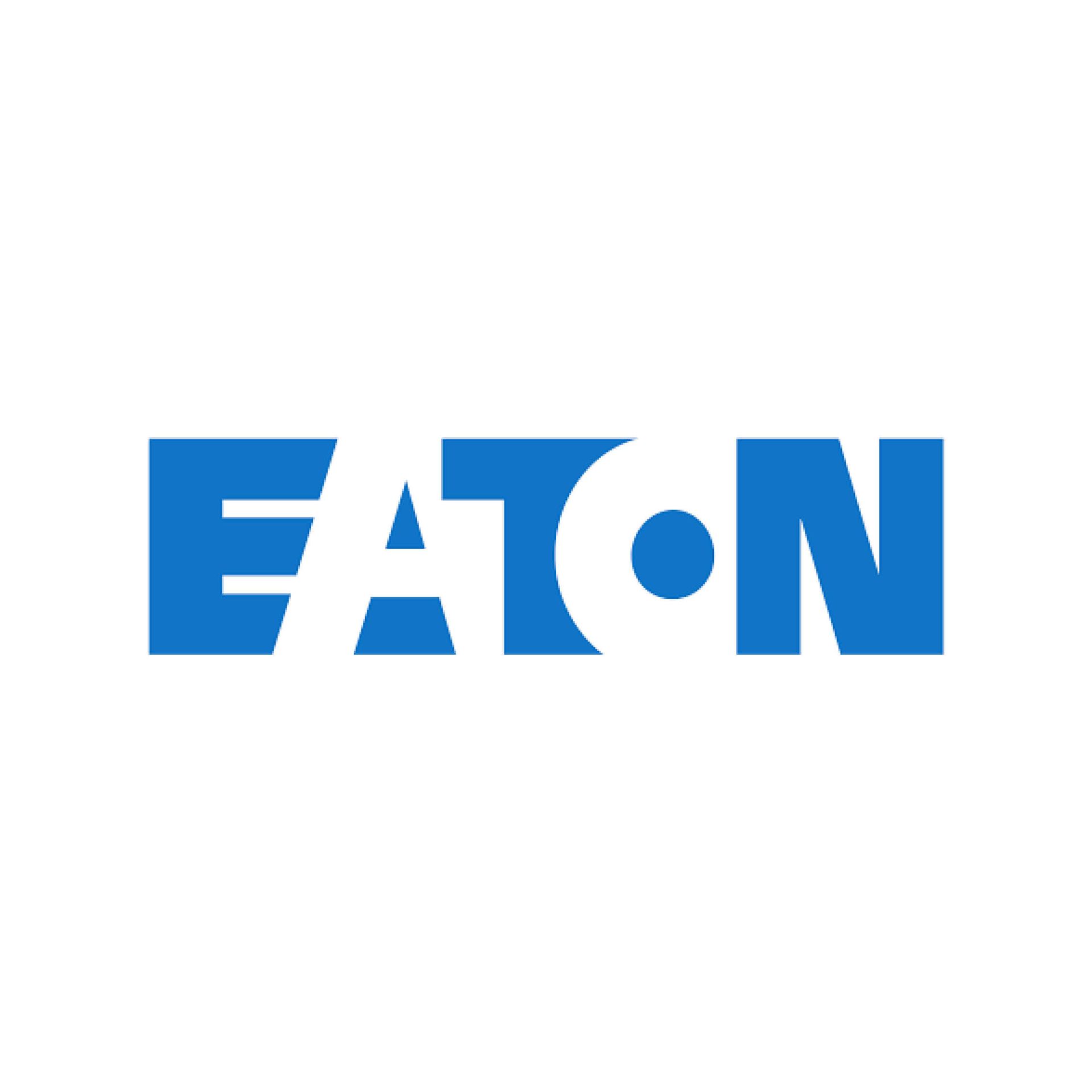 The eaton logo is blue and white on a white background.