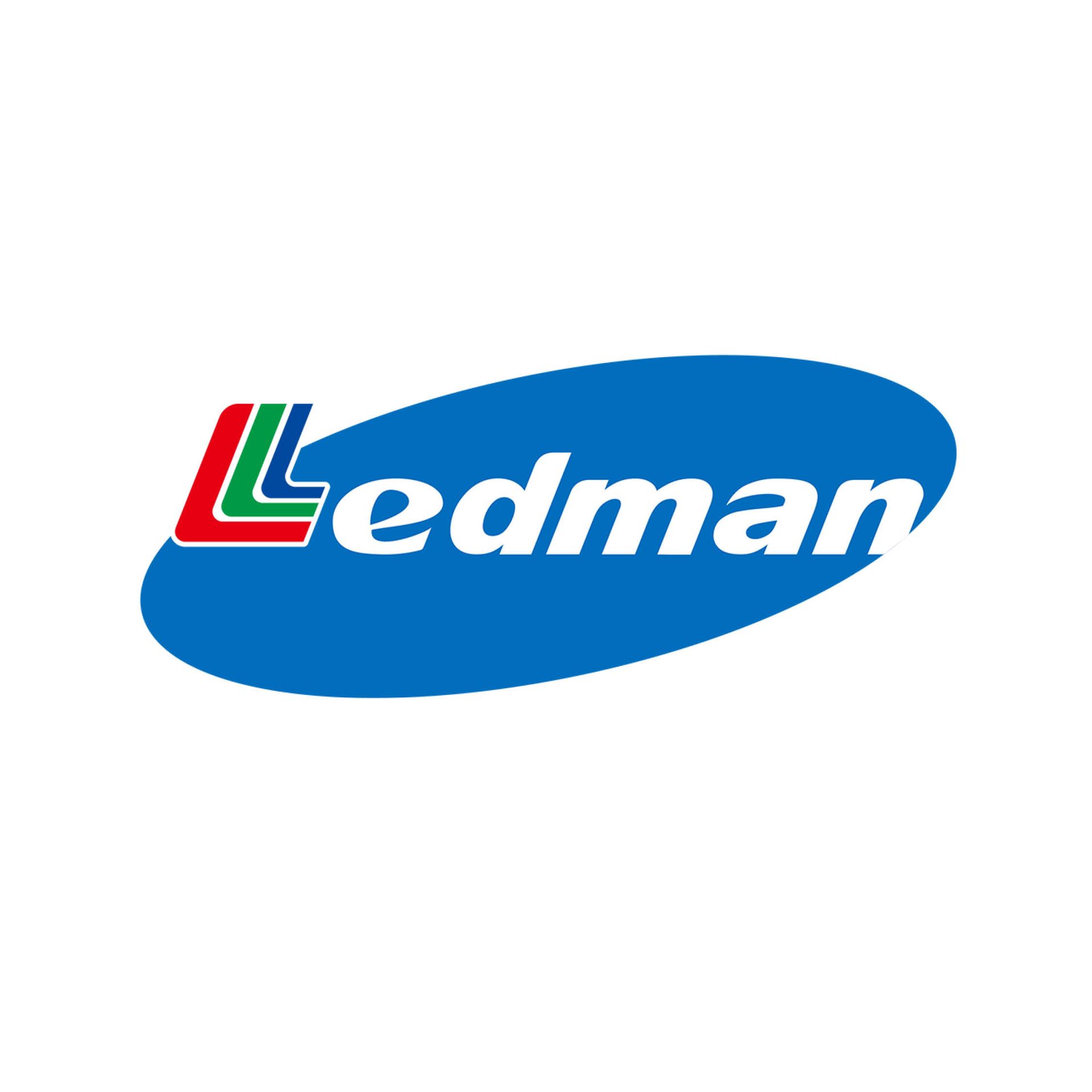 A blue and red logo for ledman on a white background.
