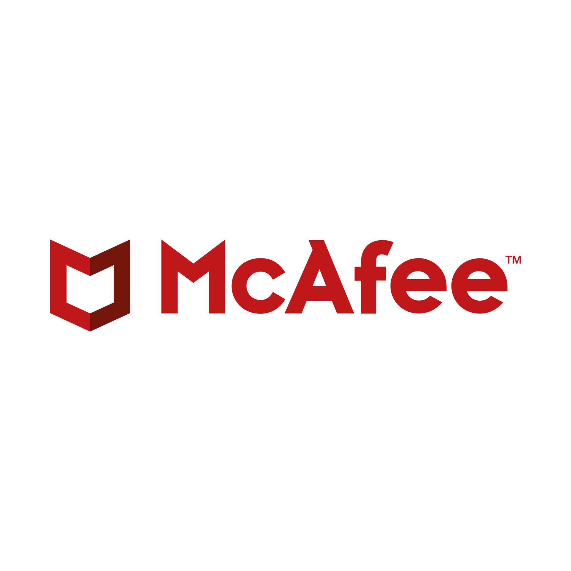 The mcafee logo is red and white on a white background.