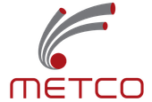 The metco logo is a gray and red logo with a red ball in the middle.