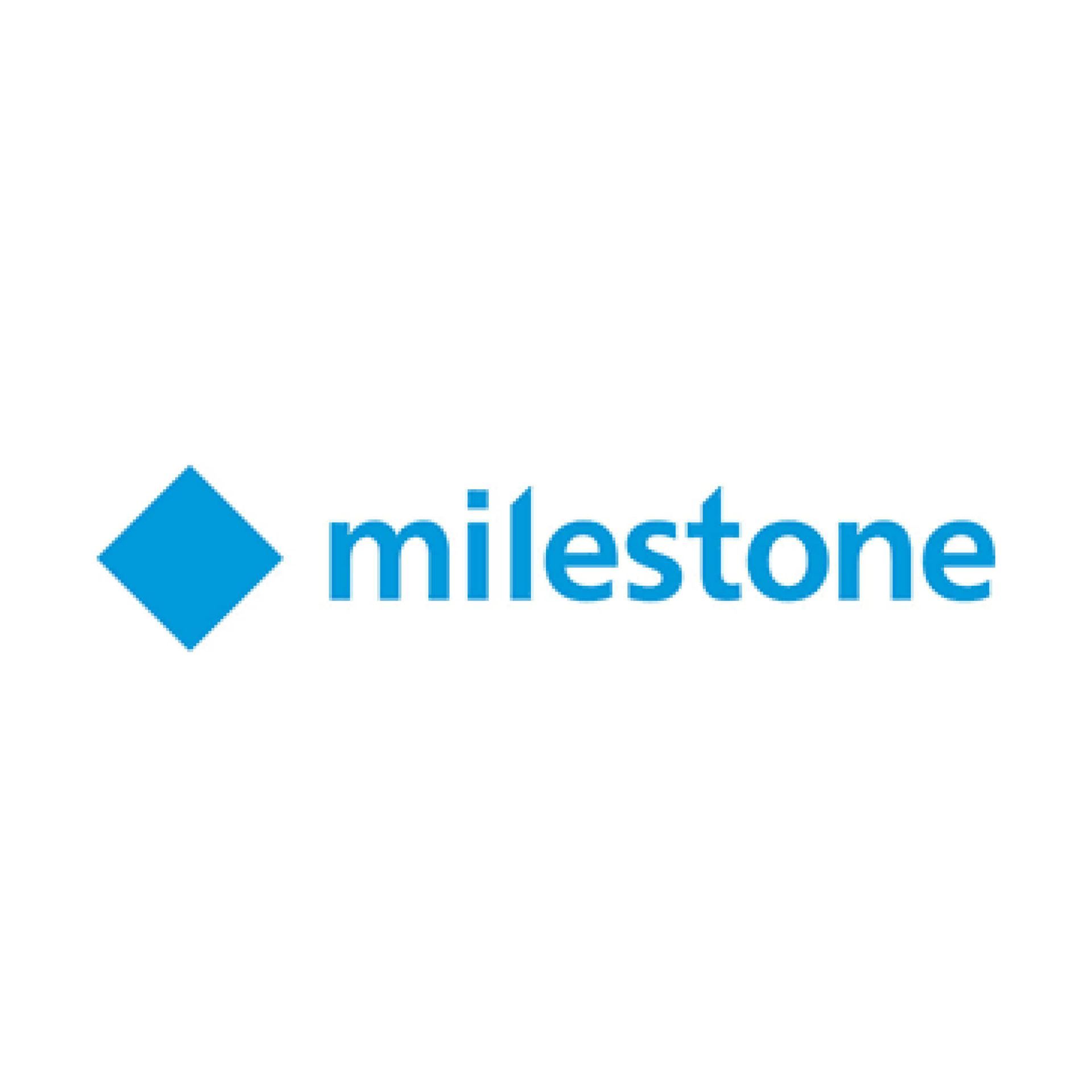 A blue milestone logo with a blue diamond on a white background.