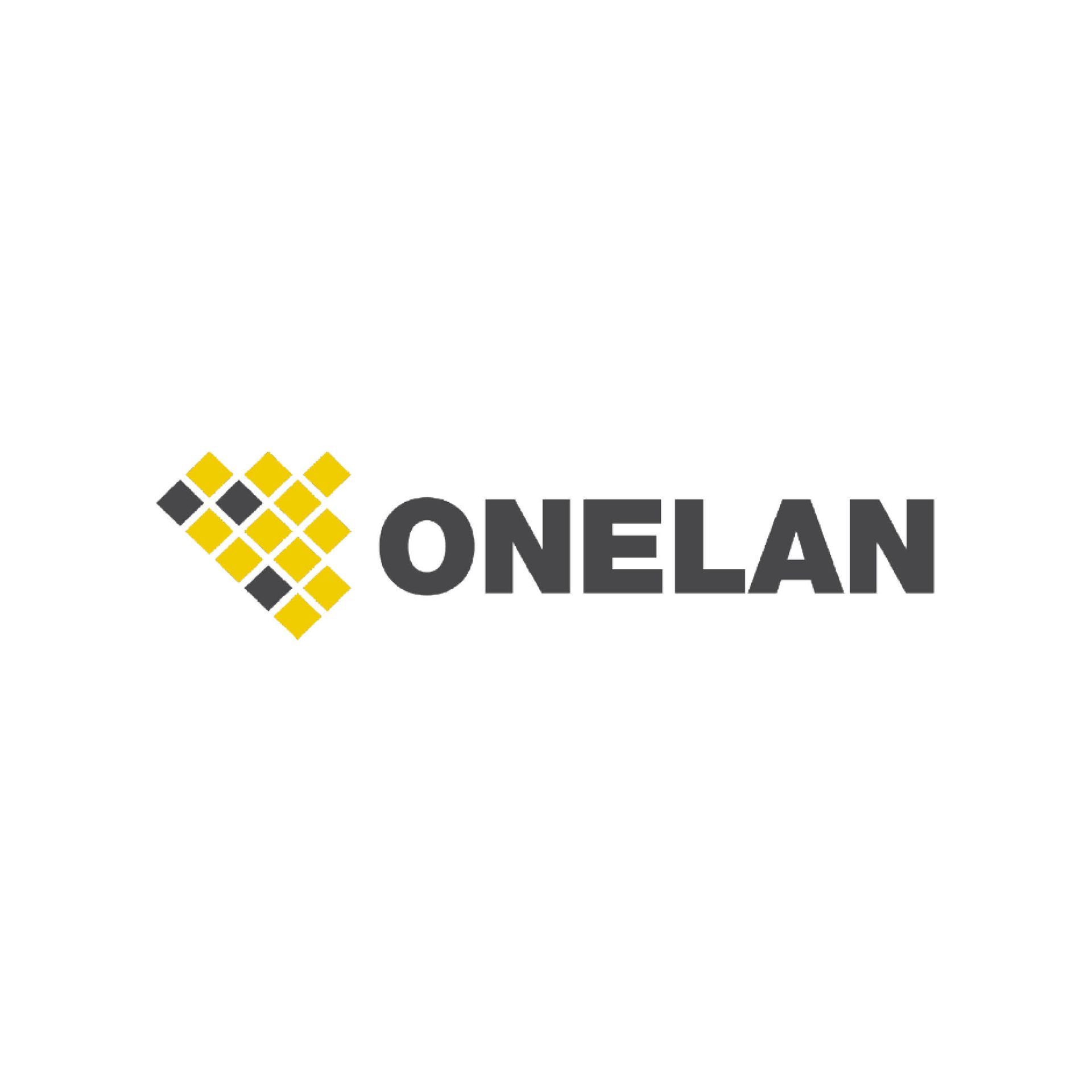 A logo for a company called onelan with a yellow and black square on a white background.
