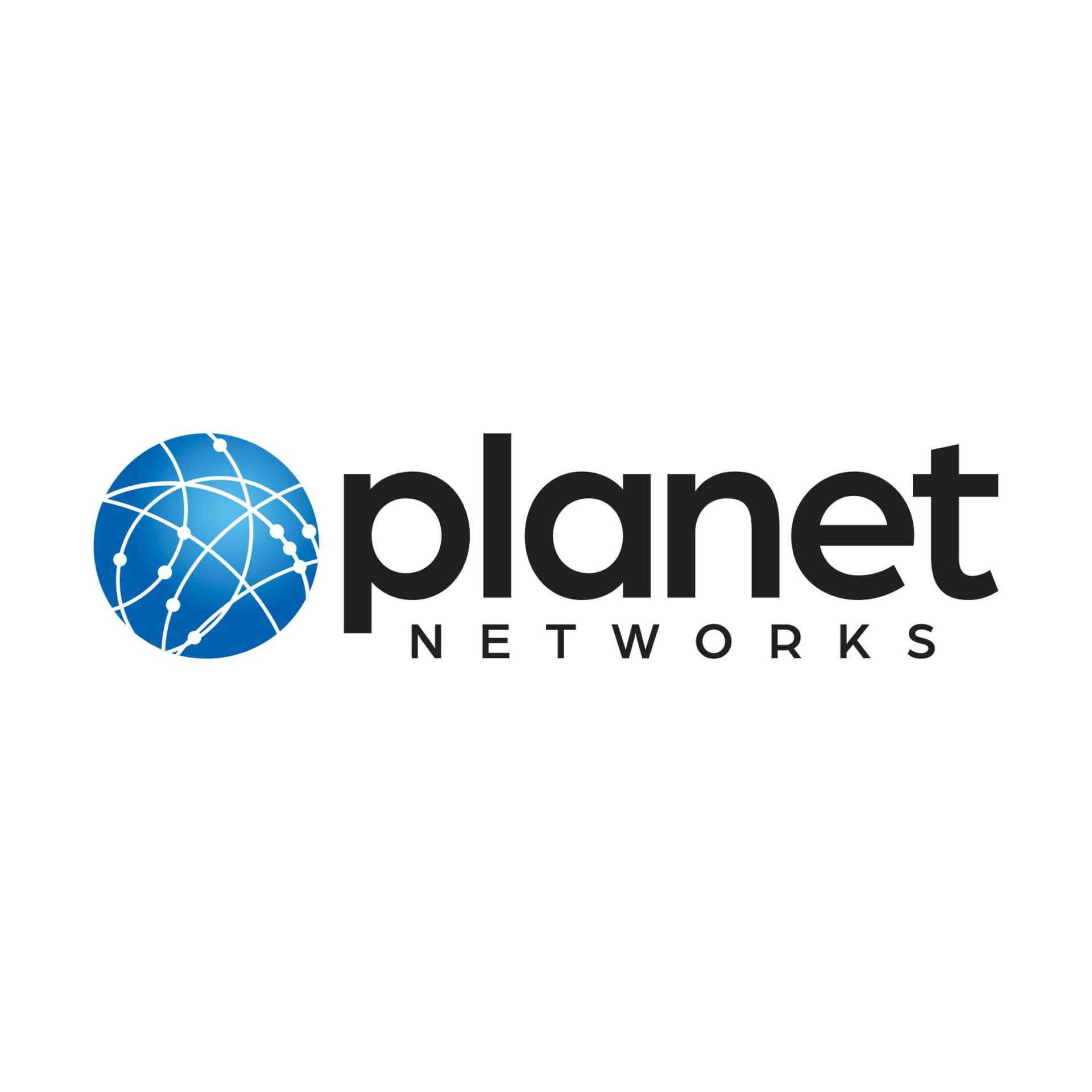A logo for planet networks with a blue globe on a white background.