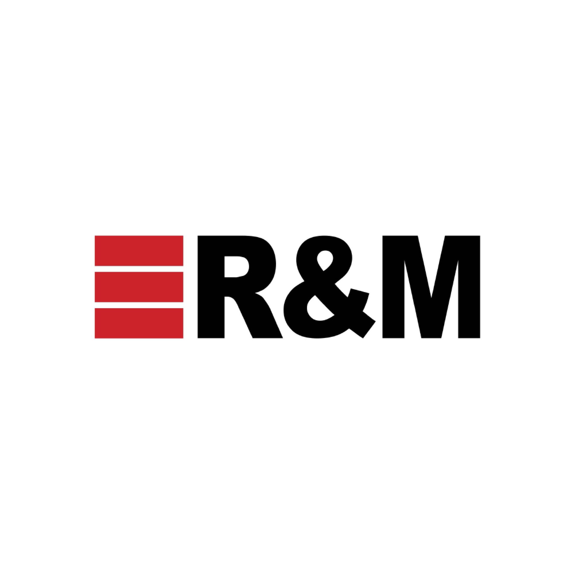 The logo for r & m is black and red on a white background.