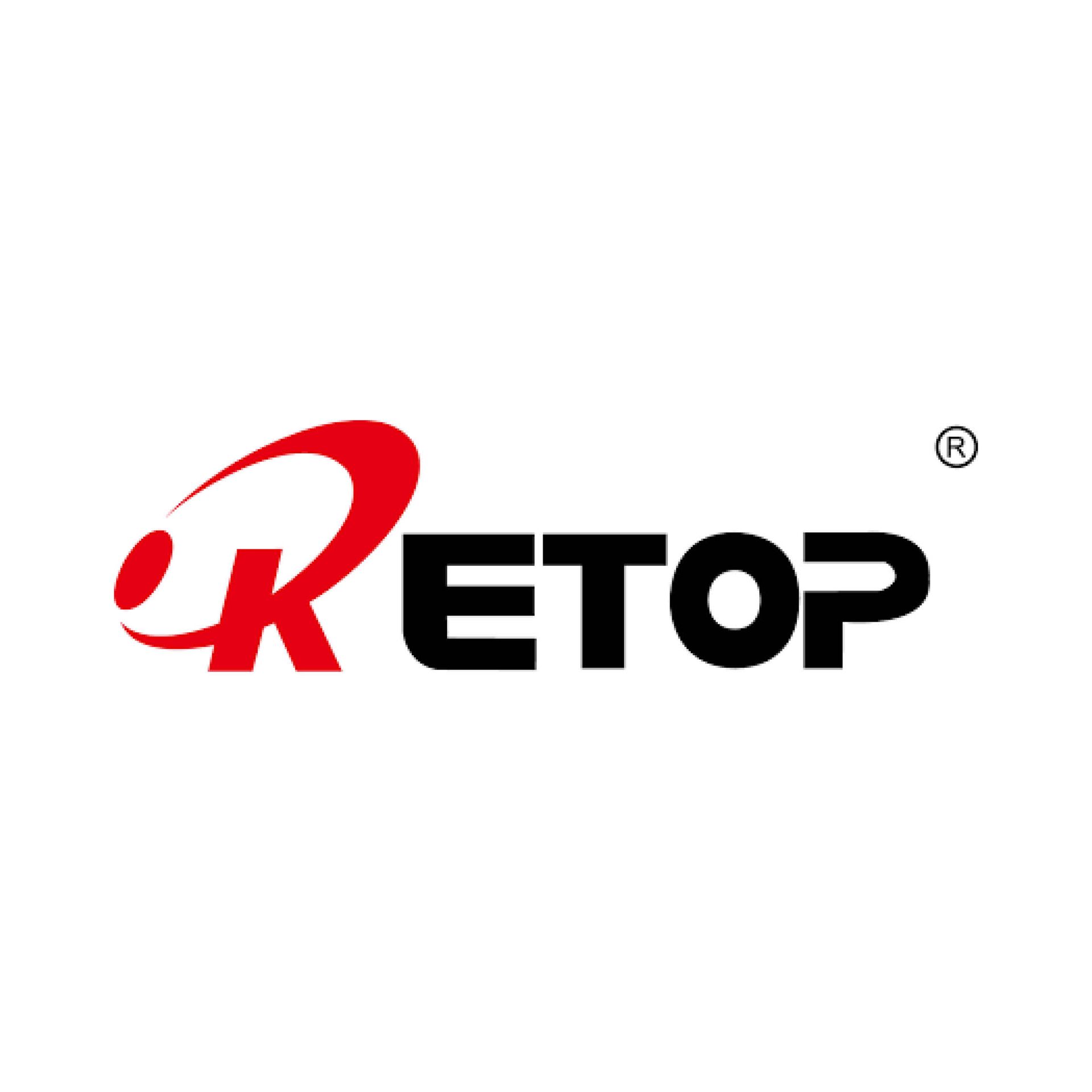 A red and black logo for a company called retop on a white background.