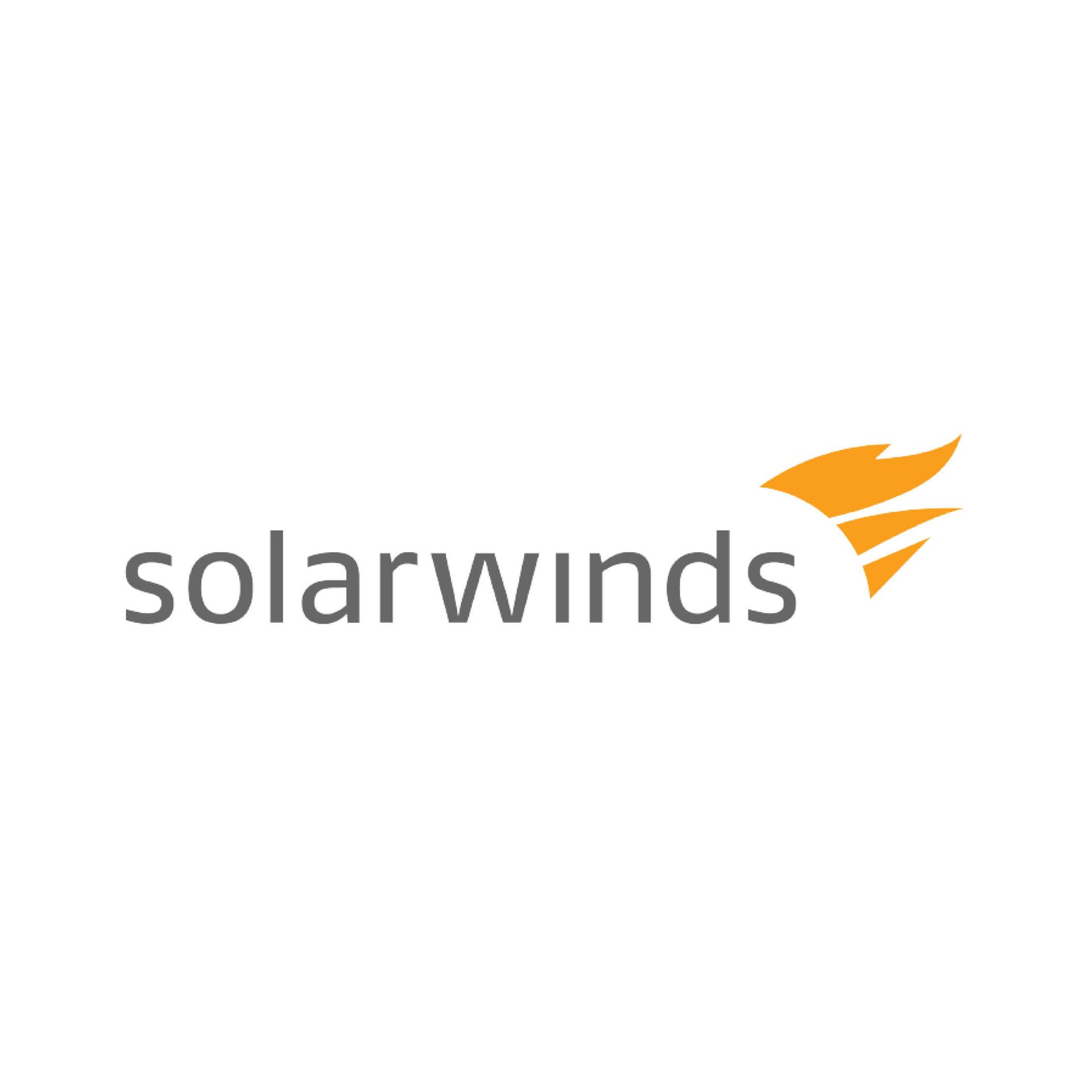 The solarwinds logo is orange and white and has a flame on it.