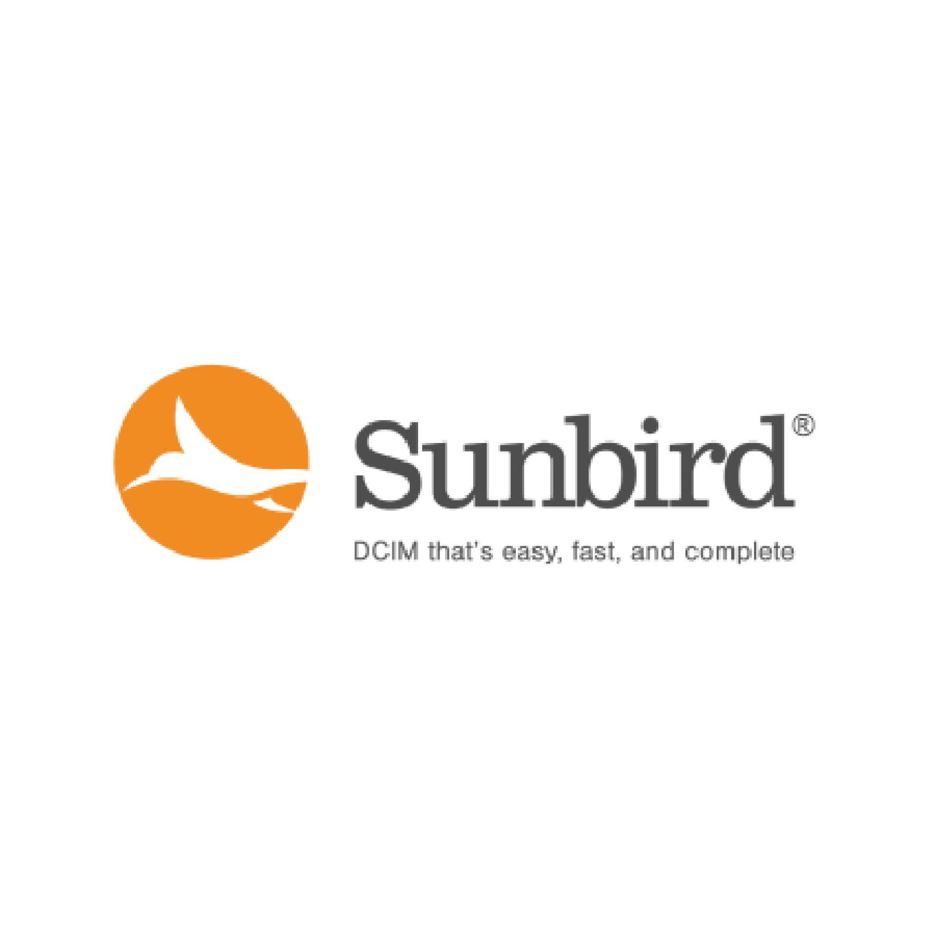 The sunbird logo is orange and black and says dcim that 's easy , fast and complete.