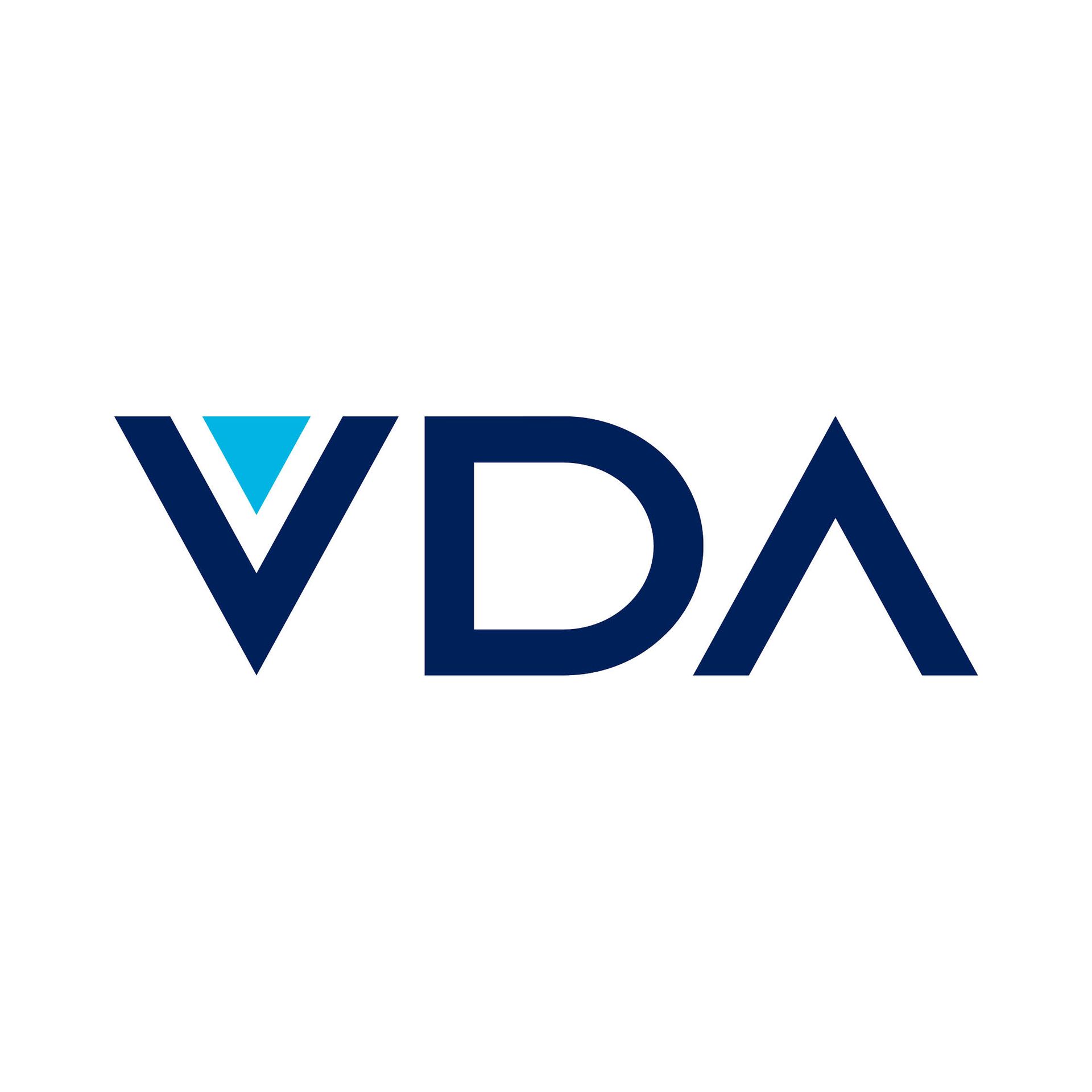 A blue and white logo for vda on a white background.