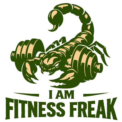 Green scorpion lifting dumbbells above “I AM FITNESS FREAK” text
