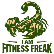 Green scorpion lifting dumbbells above “I AM FITNESS FREAK” text