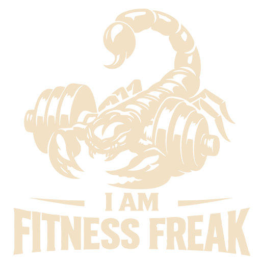 Scorpion-shaped dumbbell logo with “I AM FITNESS FREAK” text in beige