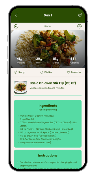 Mobile recipe app screen showing a chicken dish with ingredients and instructions on a green-and-white layout