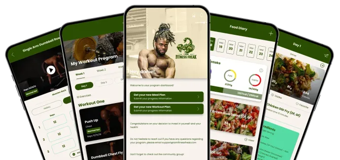Fan of smartphone app screens showing a green-and-white plant care interface with photos and charts
