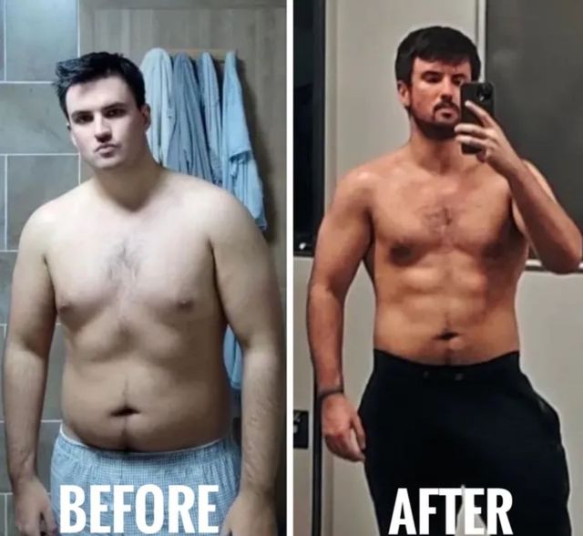 Side-by-side before-and-after mirror selfies showing dramatic weight loss and muscle gain.
