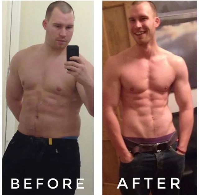 Side-by-side before-and-after shirtless mirror selfies showing a leaner, more muscular physique.