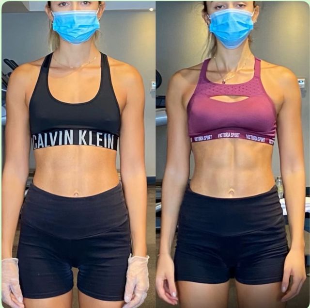 Side-by-side fitness progress photos of a person in a mask, wearing sports bras and black shorts.