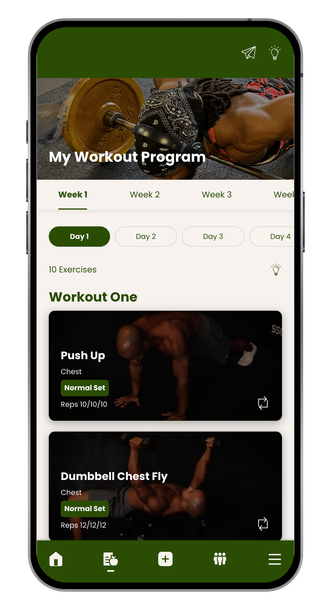 Workout app screen showing a green-themed “My Workout Program” page with exercise cards and bottom navigation icons