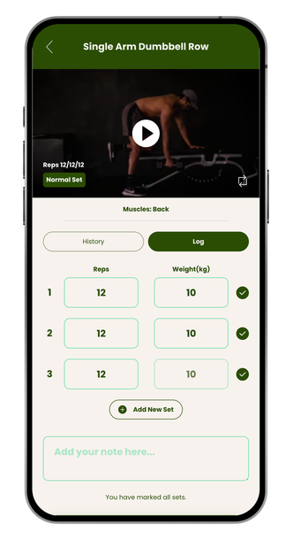 Home workout app screen with a dumbbell squat video, timer/round settings, and green workout controls