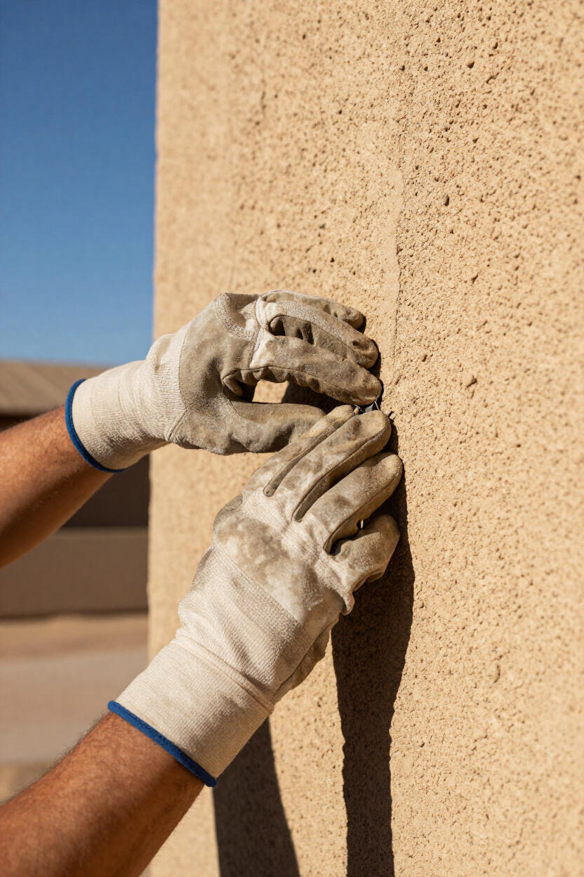 Contractor repairing stucco on the exterior of a Kingman area home