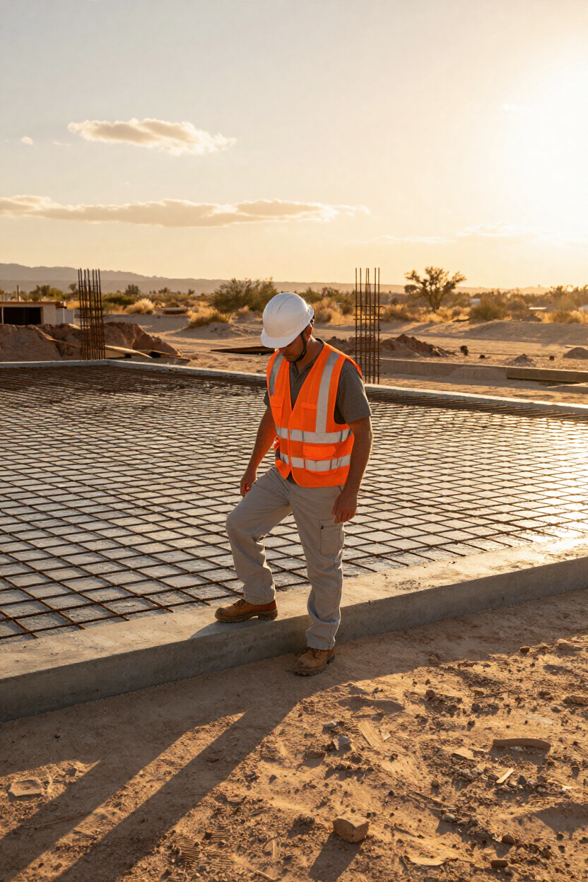 General contractor supervising a commercial construction site with concrete foundation and steel reinforcement