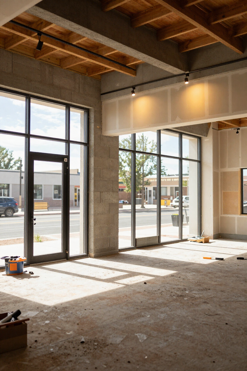 Commercial interior mid-renovation with exposed walls being drywalled and natural daylight through storefront glass