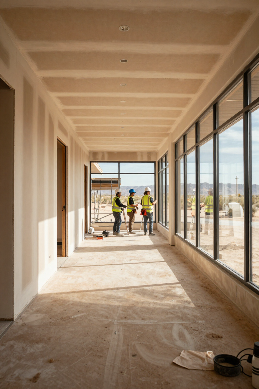 Interior commercial renovation in progress with natural light through storefront windows