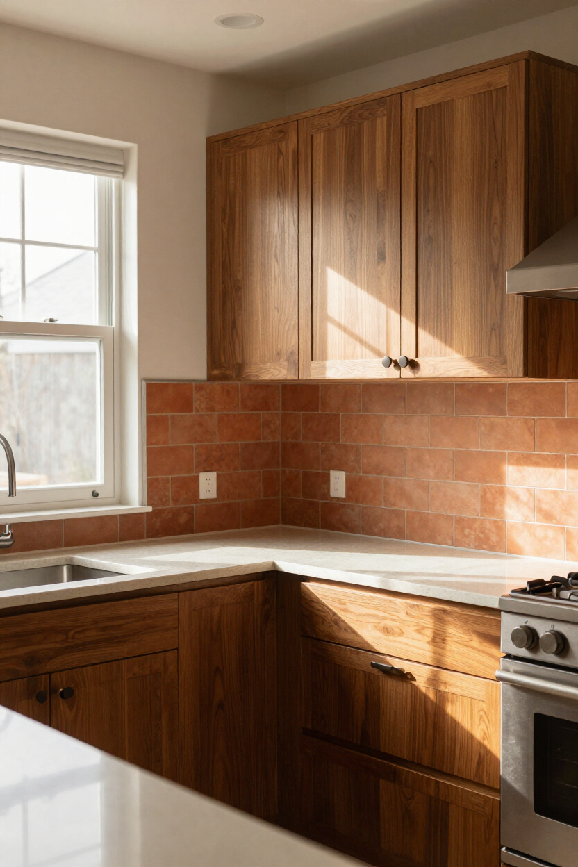 Beautifully finished remodeled kitchen with quartz countertops and warm wood cabinetry