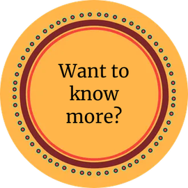 Round orange button with brown text: 