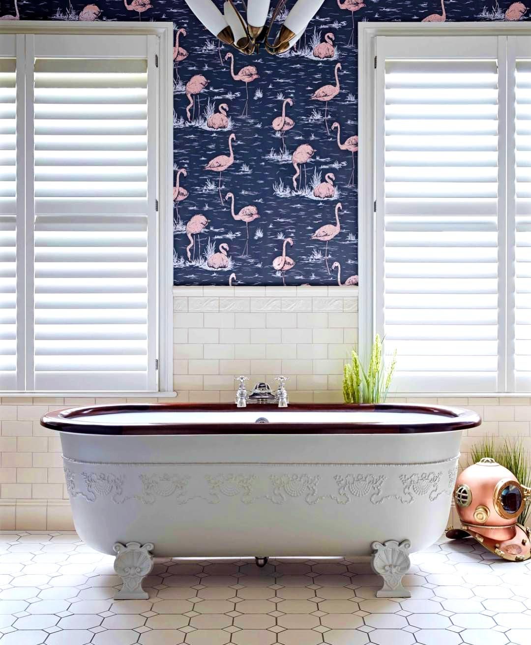 Bathroom With Claw-Foot Tub And Flamingo Wallpaper — JSF Interiors Goulburn in Albion Park, NSW