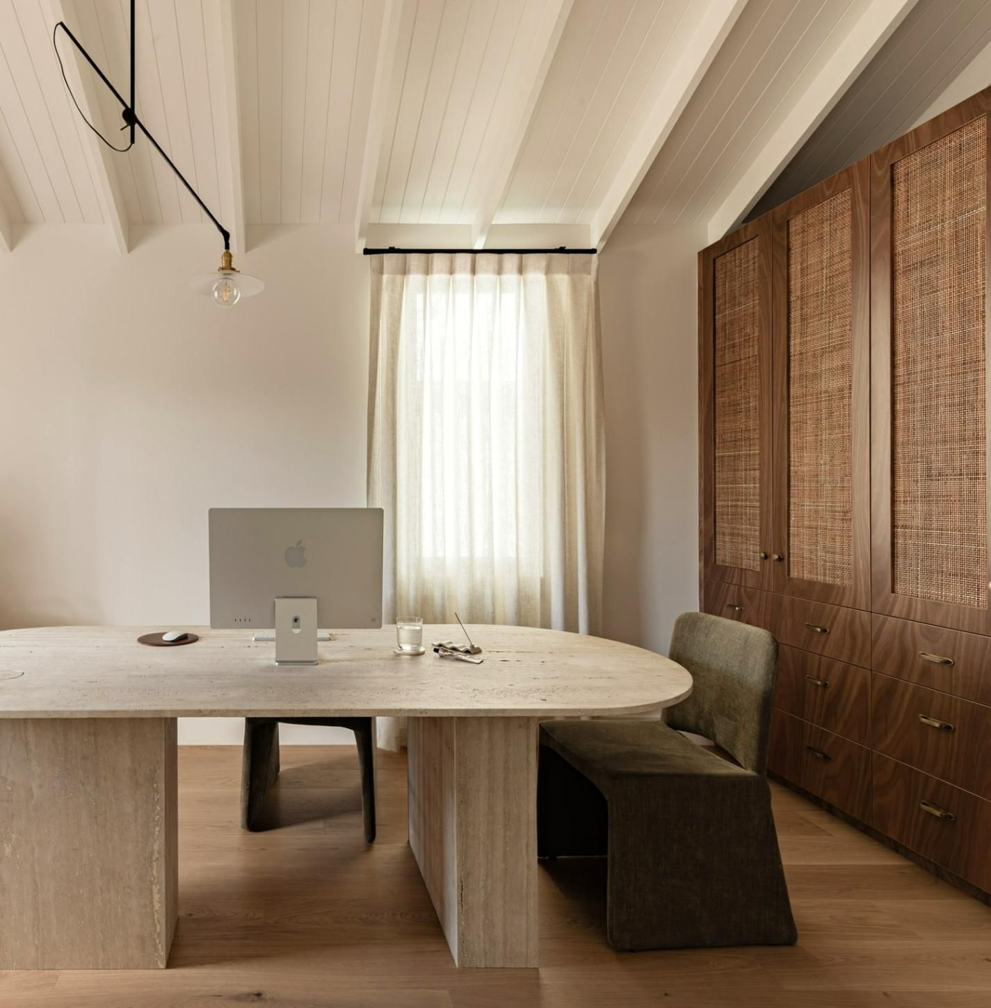 Office With Light Wood Desk And Arched Window — JSF Interiors Goulburn in Goulburn, NSW
