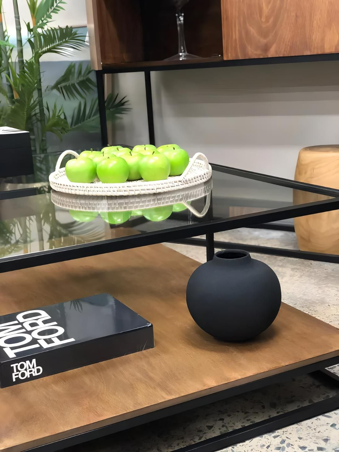 Glass Coffee Table With Apples Tom Ford Book And Black Vase — JSF Interiors Goulburn in Goulburn, NSW