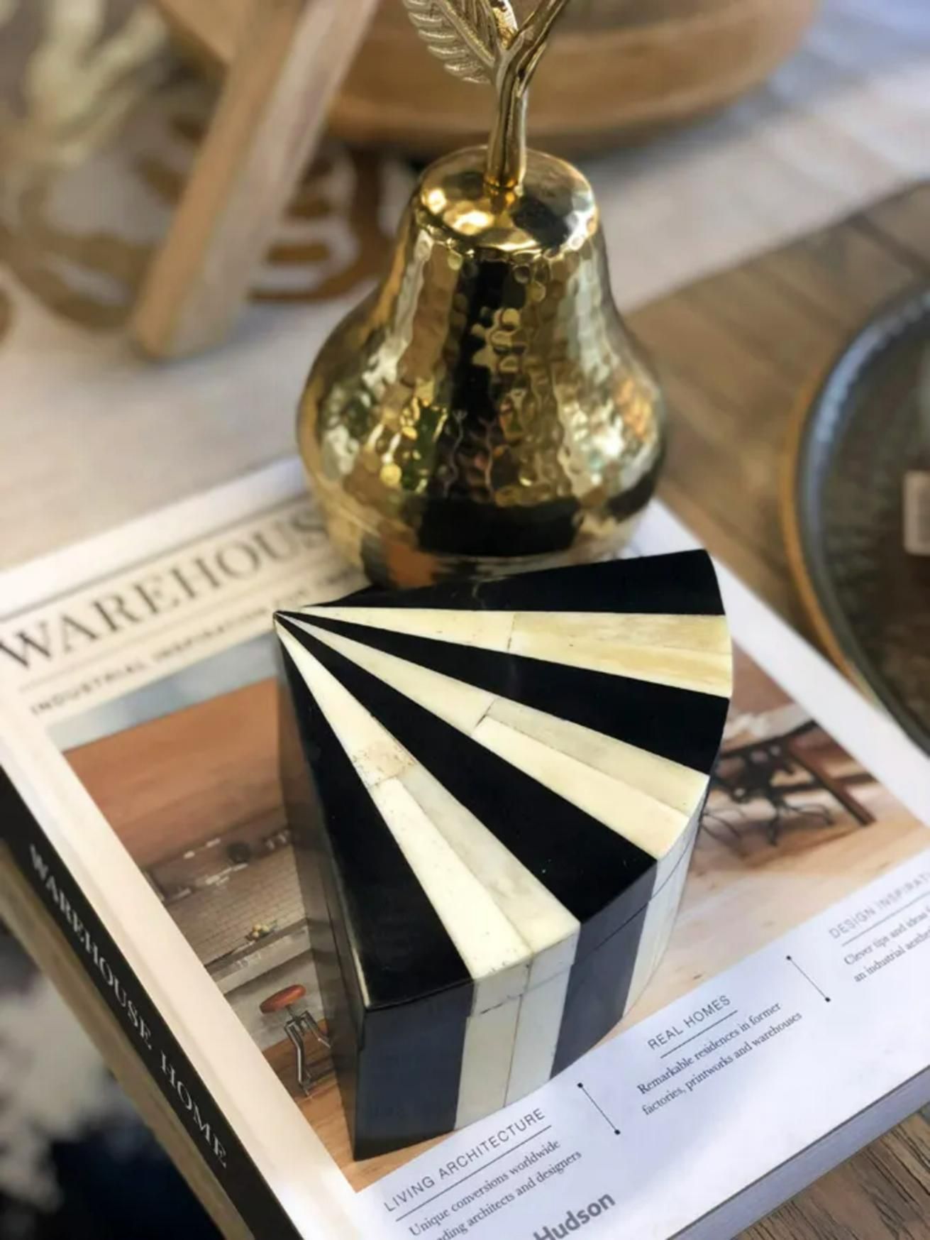 Black And White Striped Decorative Box With Gold Pear — JSF Interiors Goulburn in Goulburn, NSW