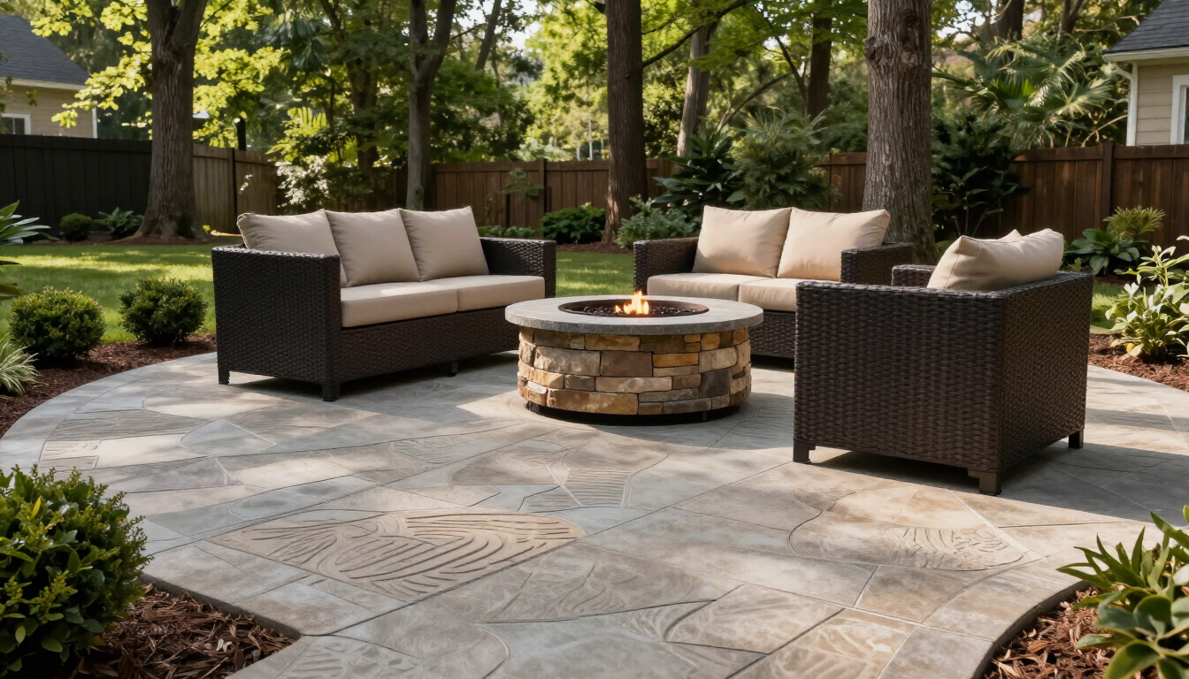 A luxury stamped concrete patio in a Northern Virginia backyard with a modern fire pit.