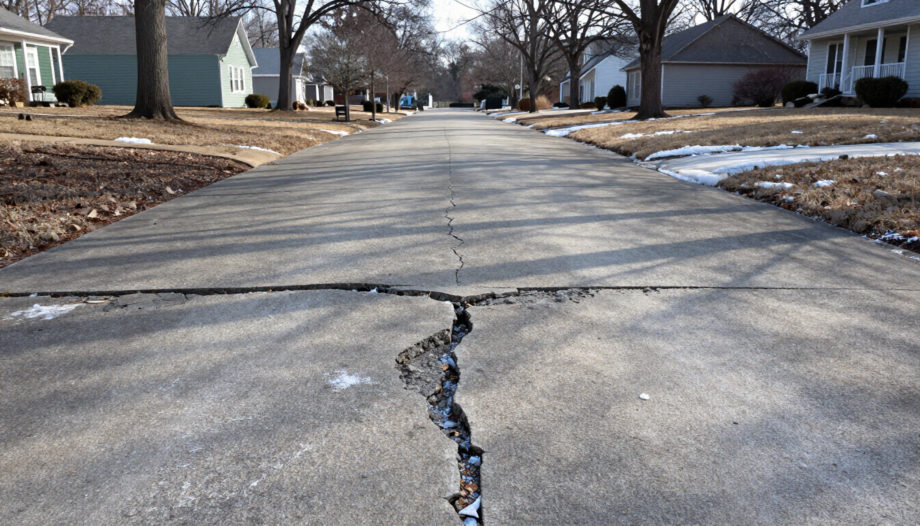 Cracked concrete driveway showing freeze-thaw damage in Northern Virginia