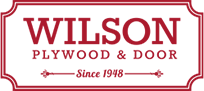 Logo for Wilson Plywood & Door. The burgundy logo features 