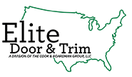 Logo for Elite Door & Trim: Black text on a white background with a green outline of the US map.