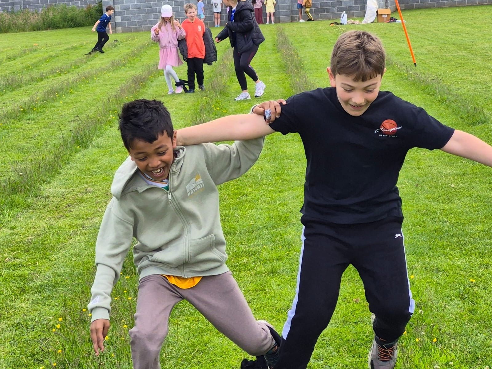 Two children balancing on grass, holding hands, with others playing on a hill behind them.