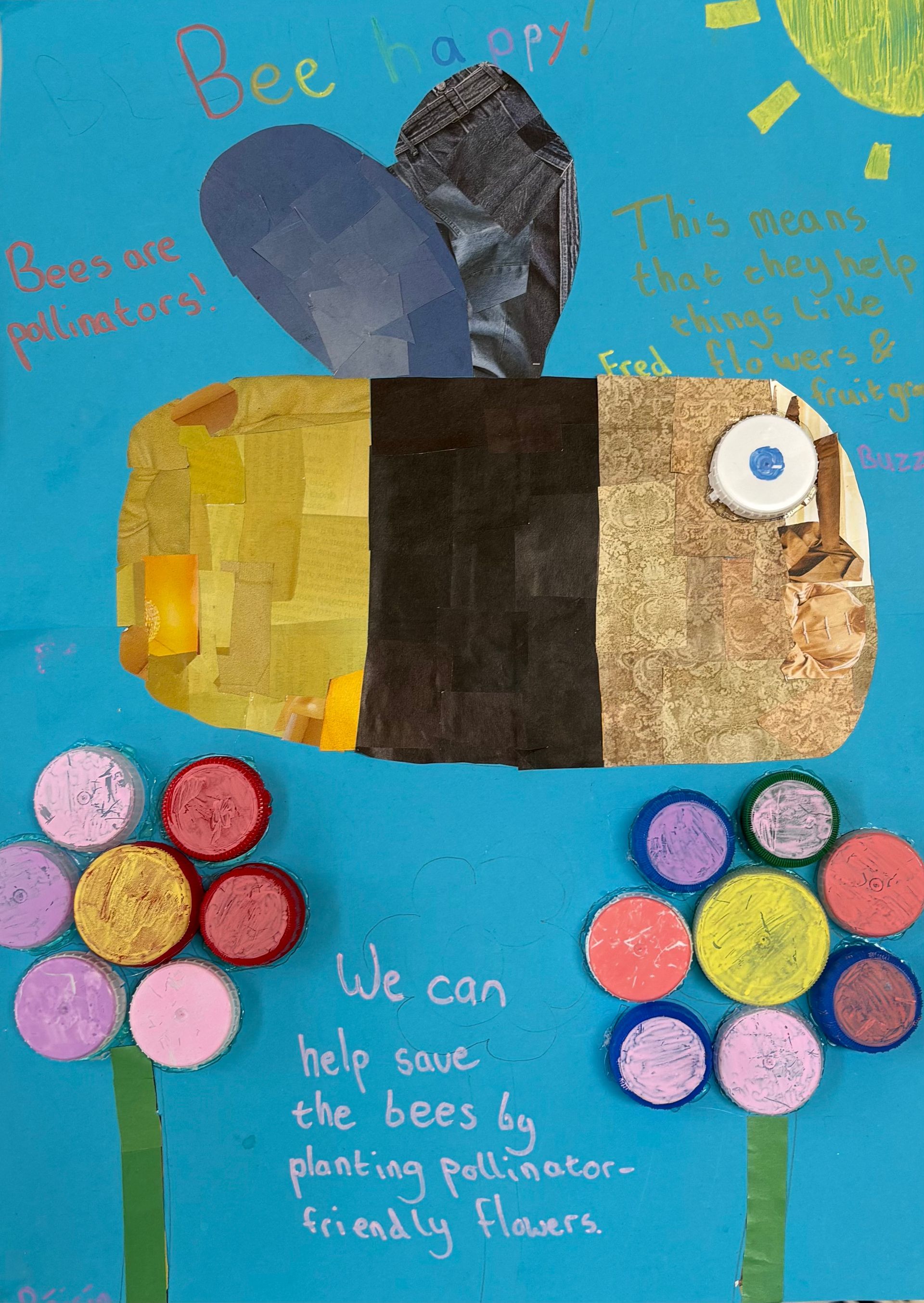 Colorful bee craft with painted body, paper wings, flowers, and handwritten pollinator message