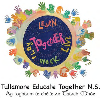 Colorful handprints around a circle reading “Learn Together Play Work” with Tullamore Educate Together text below