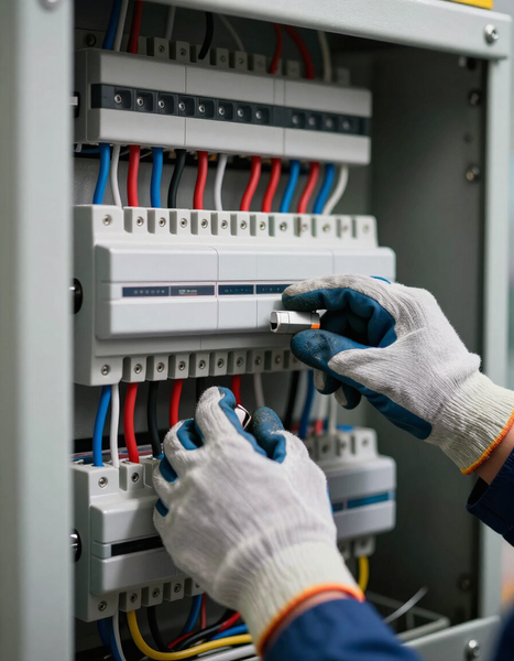 Tecnico che verifica cablaggi in un quadro elettrico