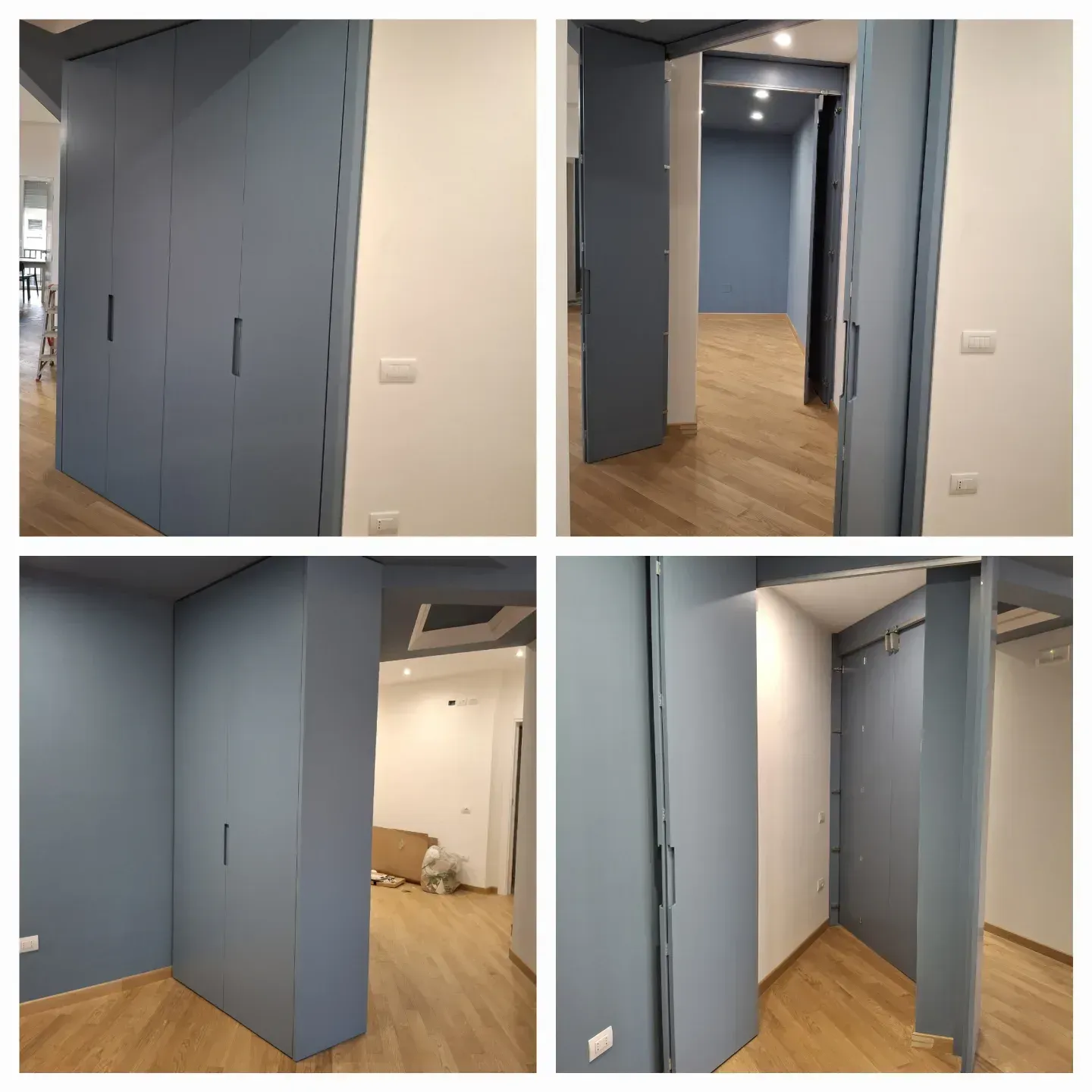 Quattro viste di un armadio e delle porte dipinte di blu; pavimenti in legno chiaro, pareti bianche.