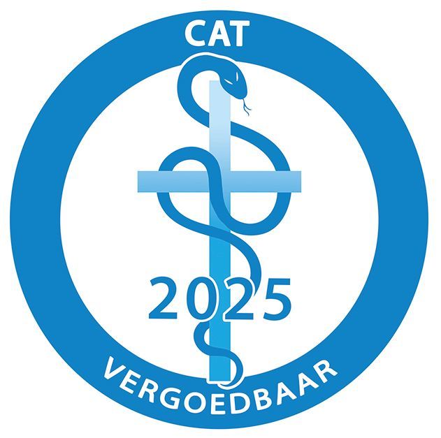 Blue CAT logo with serpent on cross, 