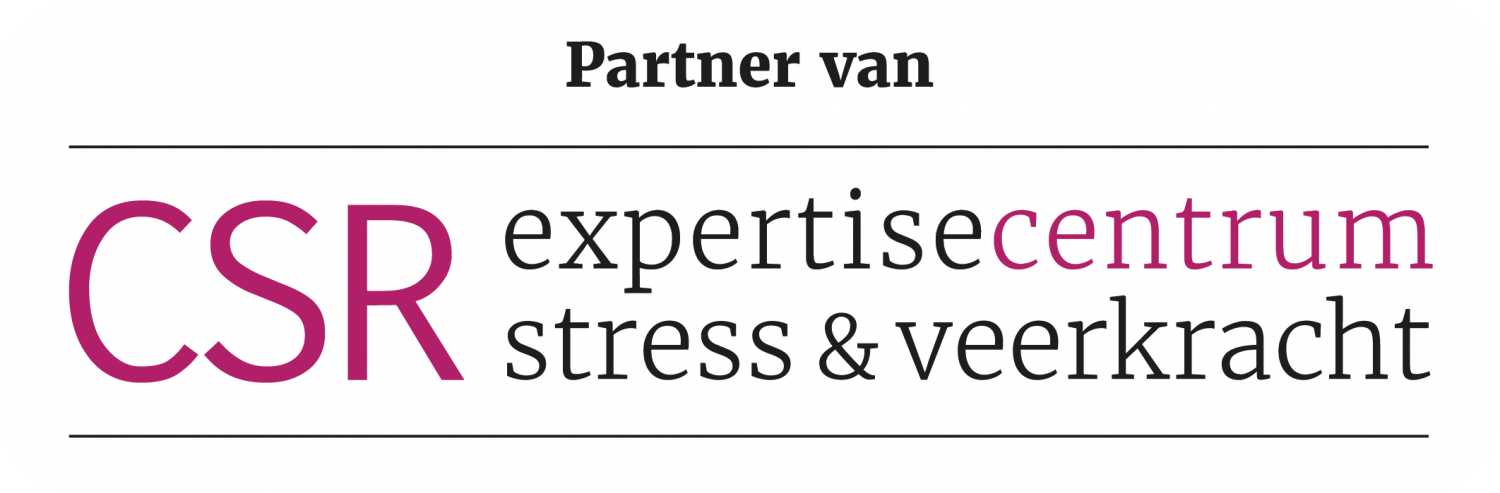 Logo of CSR expertisecentrum stress & veerkracht, partner van. Text is in purple and black.