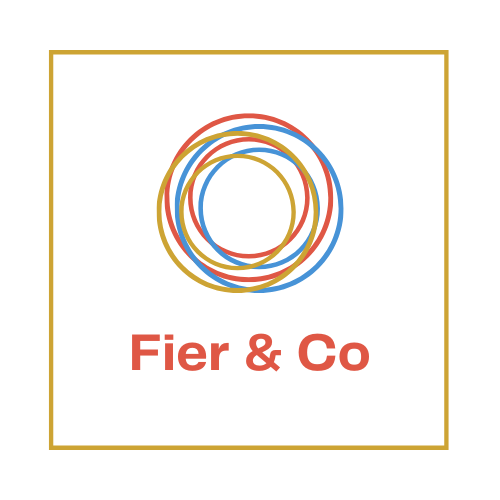 Logo van Fier & Co: Kleurrijke in elkaar grijpende ringen in een goudkleurig vierkant frame, rode tekst eronder.