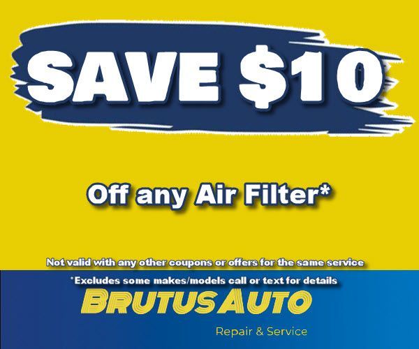 A poster for brutus auto that says save $10 off any air filter