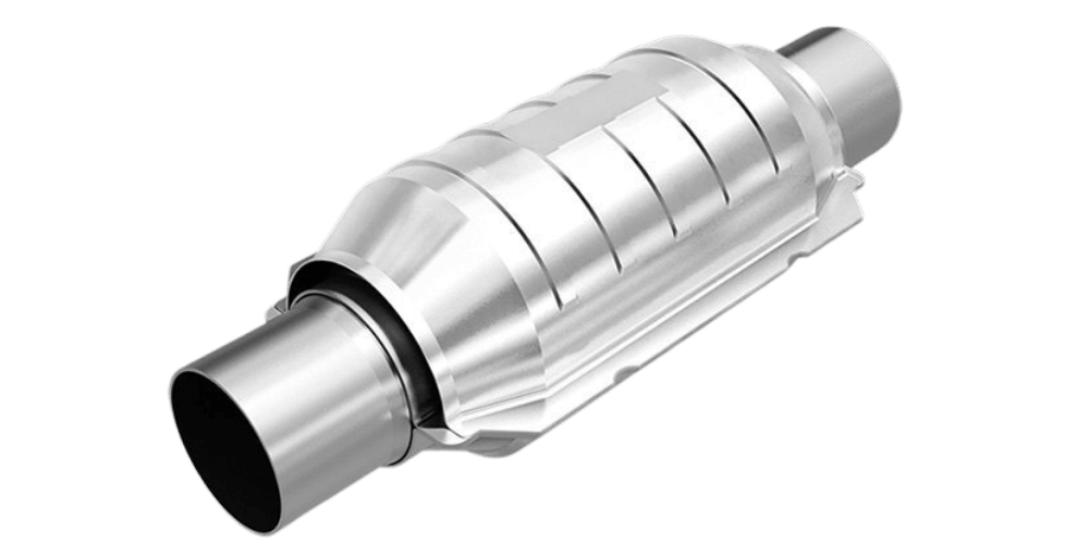 A catalytic converter, a cylindrical metal component with inlet and outlet pipes.