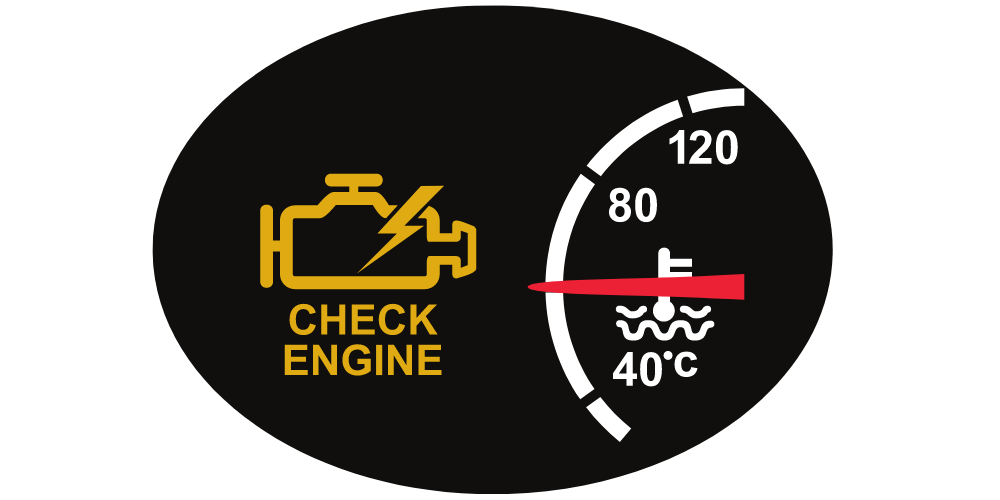 Dashboard warning light: Check engine light and temperature gauge at high temperature.