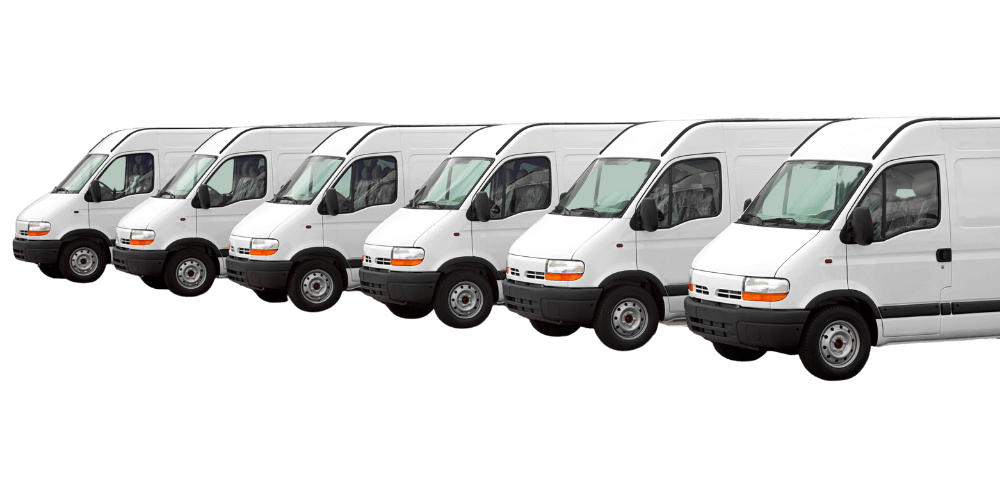 A row of six white delivery vans are parked in a line against a white background.