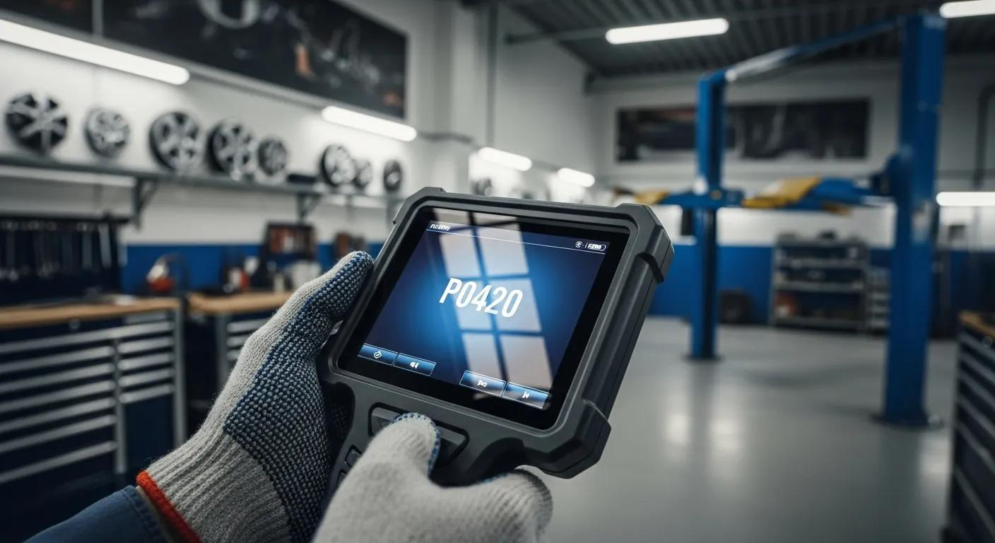 Gloved hands hold a rugged tablet in a workshop, displaying a blue diagnostics screen.
