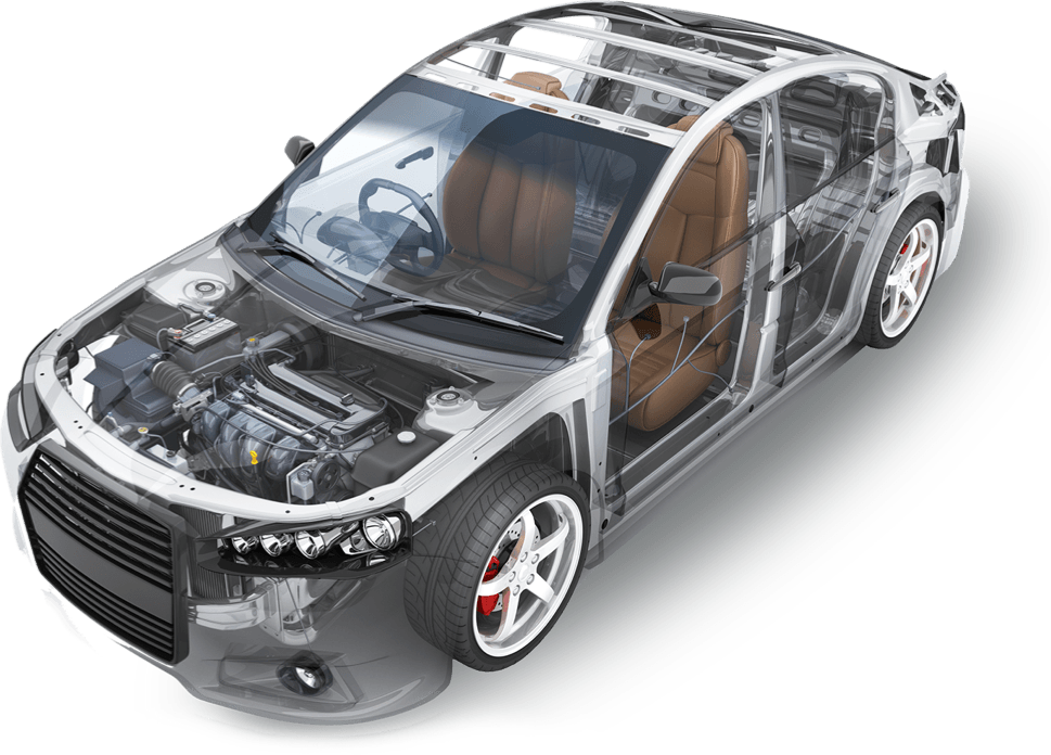 Cutaway view of a gray car, showing the internal engine, chassis, and brown interior.